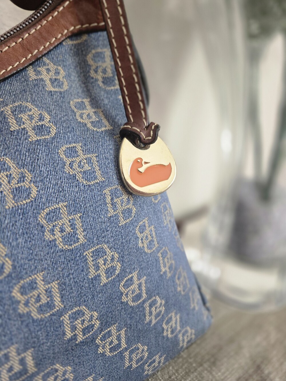 Dooney & Bourke Blue Denim Logo Hobo with Brown Trim, Medium East/West Slouch - Picture 4 of 17
